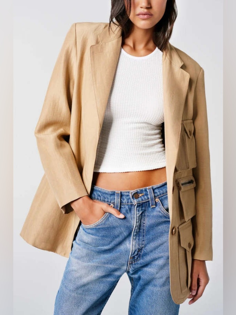 NWOT Smythe Size S Surplus Oversized Cargo Military Linen-Blend Blazer - Khaki